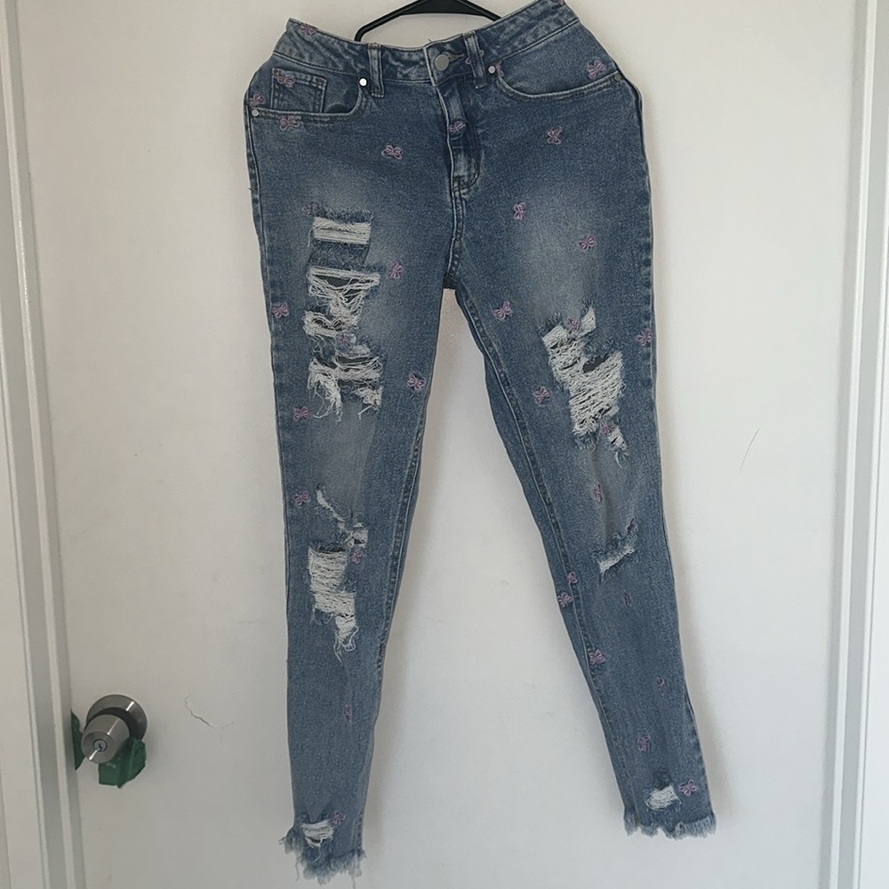 Tinseltown ripped denim & embroidered butterflies boot cut jeans ( 3 )
